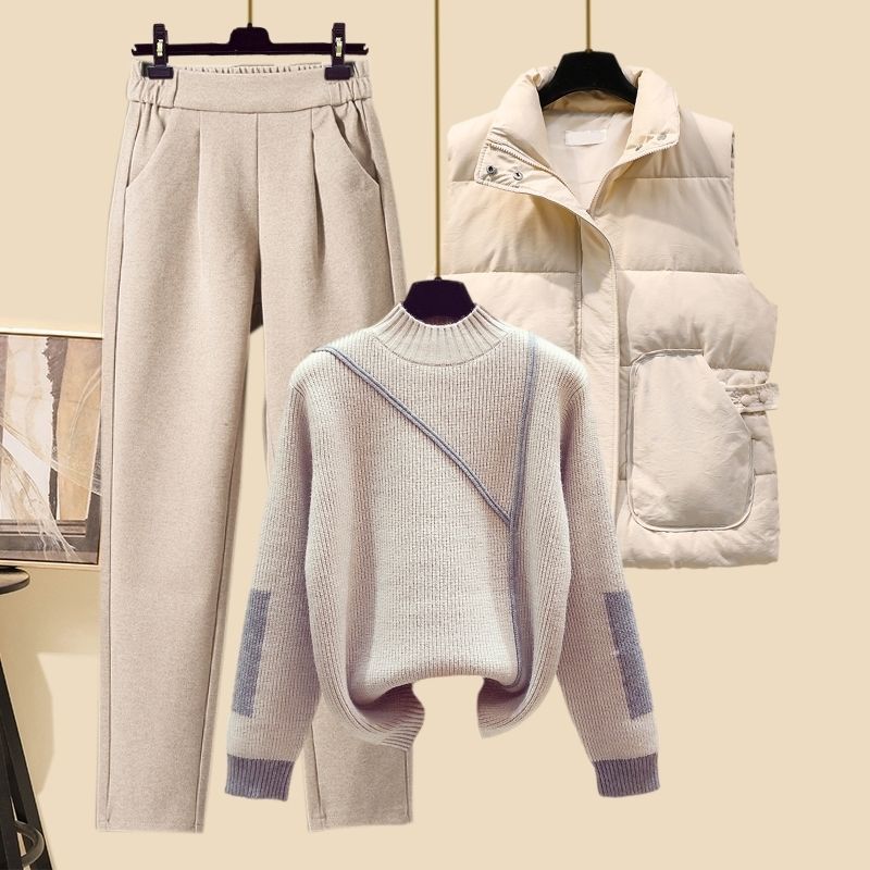 New Women's Thickened Vest Turtleneck Knitting Sweater Baggy Pants Three-piece Set eprolo