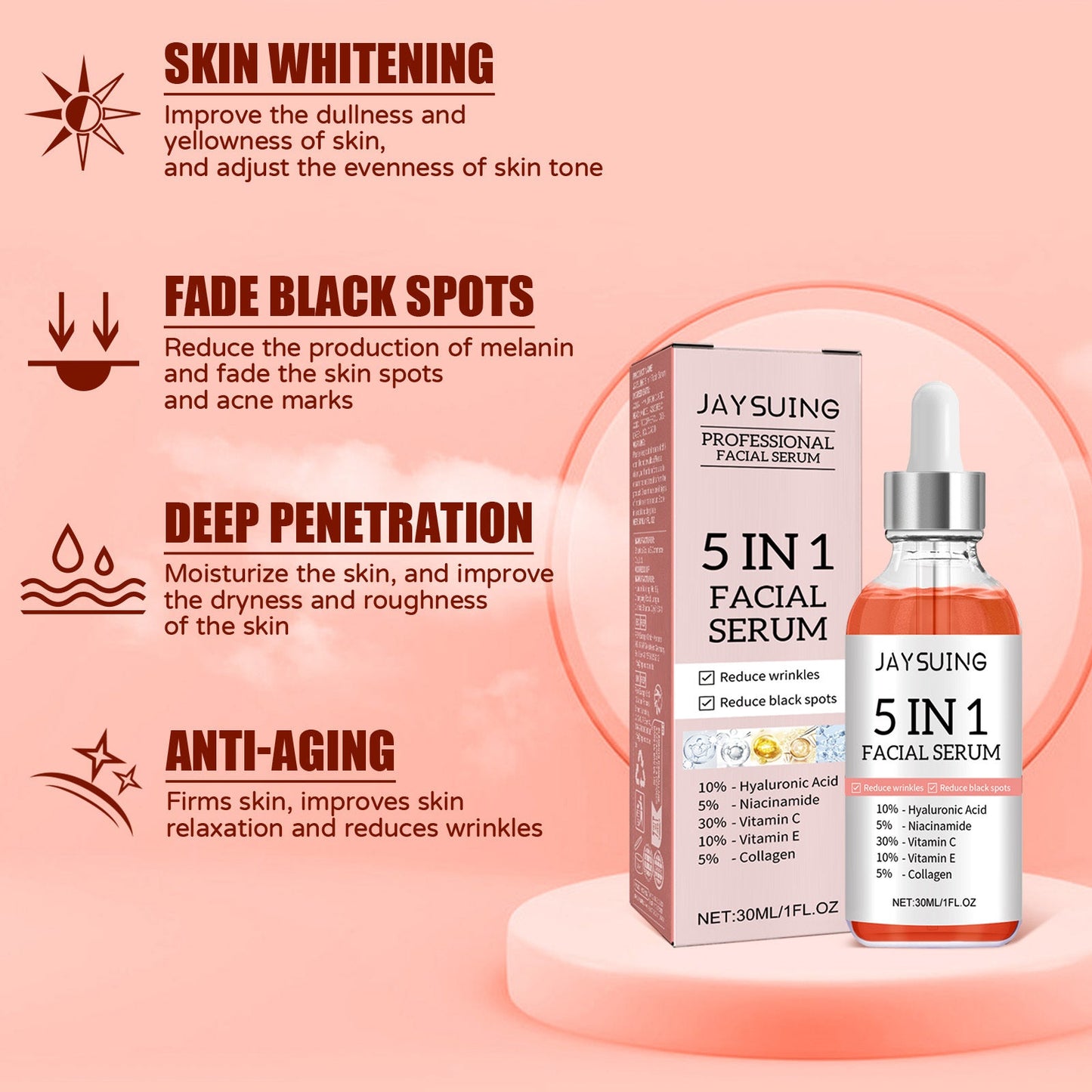 5 In 1 Facial Serum,30 Vitamin C Face Serum,Anti Aging Reduces Wrinkles Hydrating Collagen Facial Serum With Niacinamide,,Hyaluronic Acid, Vitamin E eprolo