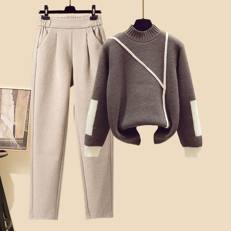 New Women's Thickened Vest Turtleneck Knitting Sweater Baggy Pants Three-piece Set eprolo