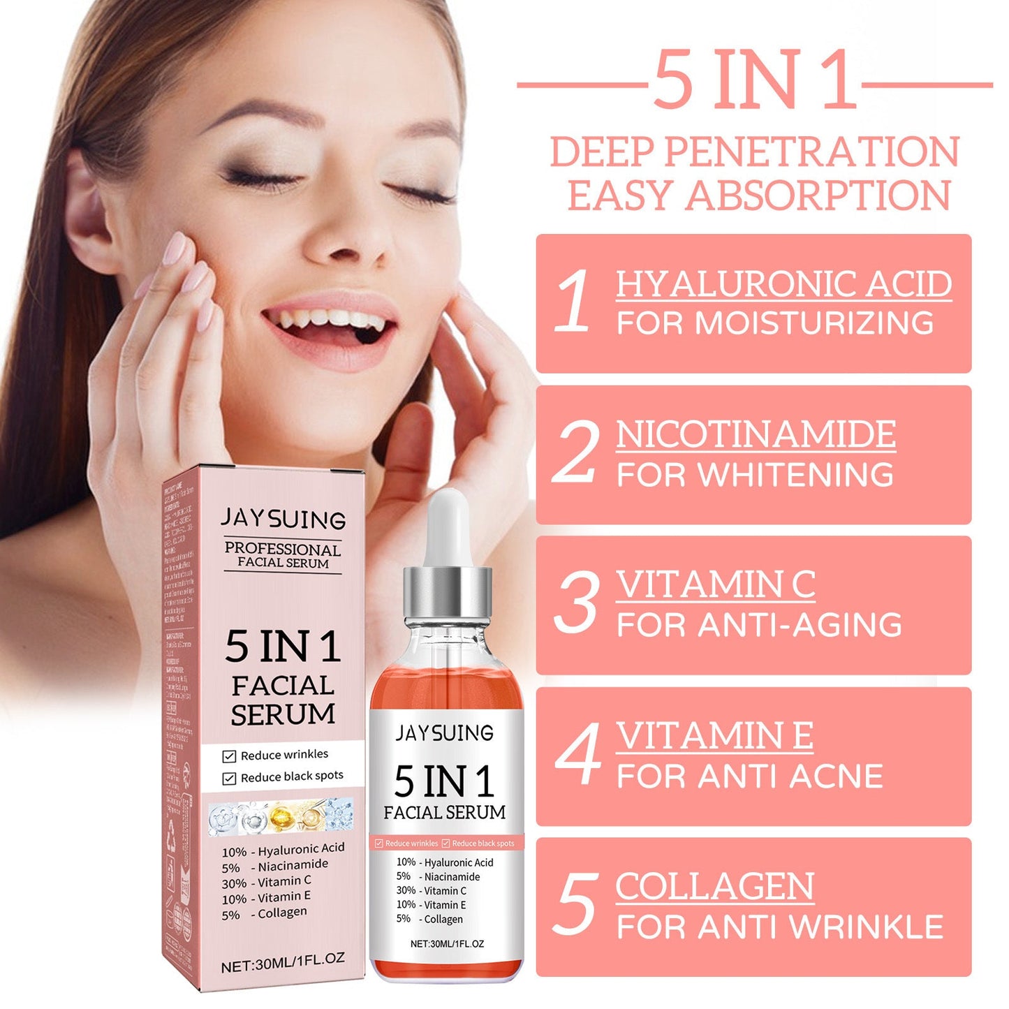 5 In 1 Facial Serum,30 Vitamin C Face Serum,Anti Aging Reduces Wrinkles Hydrating Collagen Facial Serum With Niacinamide,,Hyaluronic Acid, Vitamin E eprolo