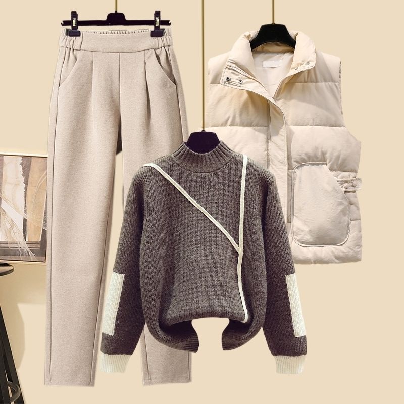 New Women's Thickened Vest Turtleneck Knitting Sweater Baggy Pants Three-piece Set eprolo