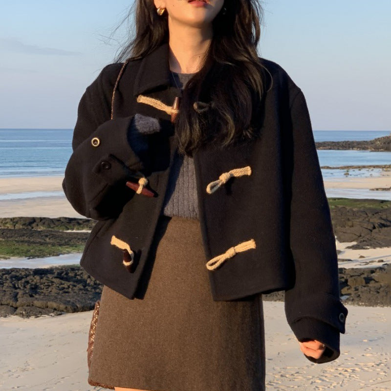 Retro Elegant Lapel Horn Button Woolen Coat eprolo