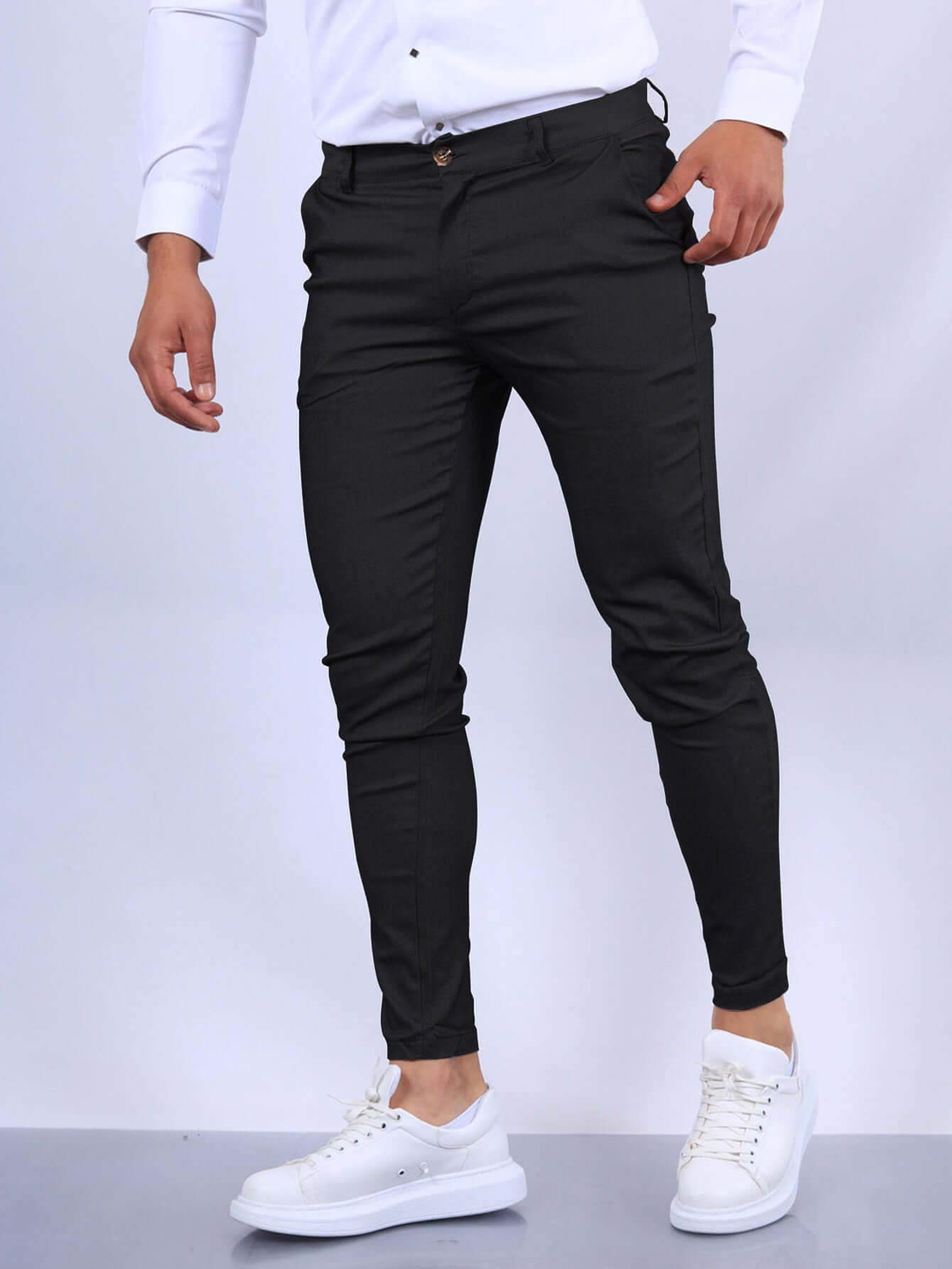 Men's Slim Button Trousers Fashion Solid Office Versatile Long Pencil Pants Astrazona