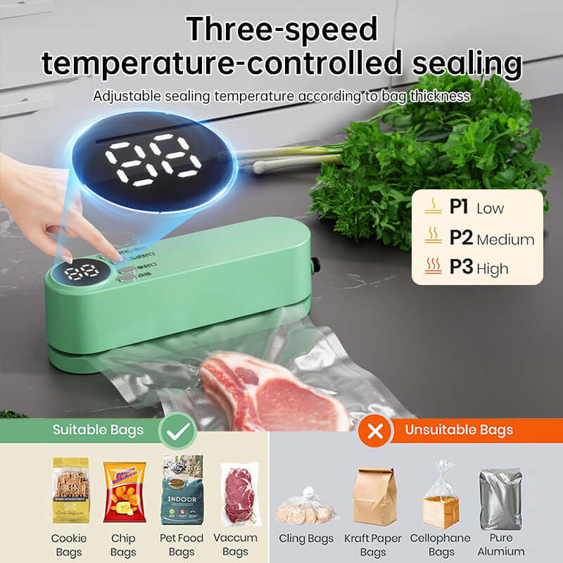 Beige cordless 3 - in - 1 food sealer. For dry/moist food, 4 bags. Seals chip bags, inflates items. eprolo