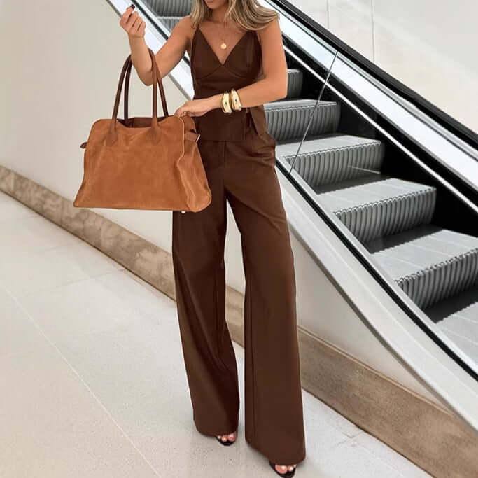 Brown Sleeveless V-neck Brace Split Vest Trousers Suit eprolo