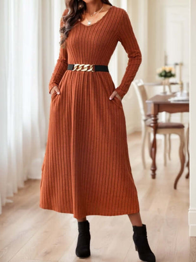 Women's Fall Solid Color Casual Long Sleeve Midi Dress With Belt Decoration eprolo