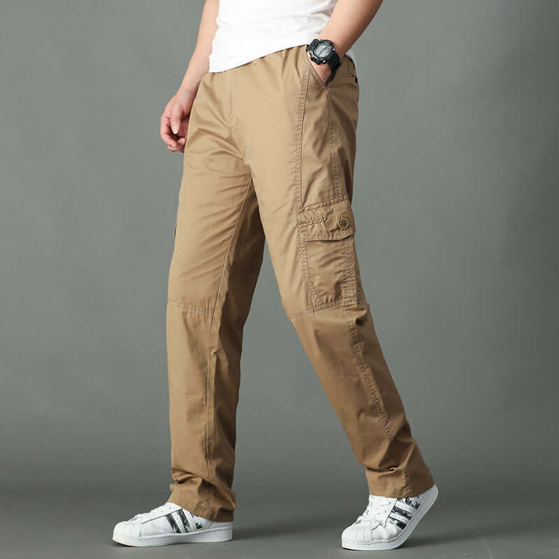 Korean style loose straight leg cargo pants in khaki with open hem and multiple pockets, perfect for casual wear.