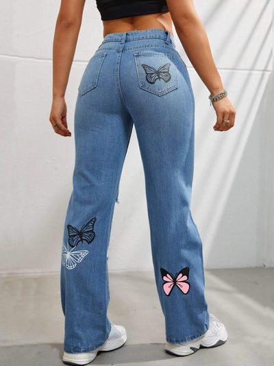 High Waisted Straight Leg Jeans For Women Trendy Butterfly Print Ripped Distressed Denim Pants Dropshipman