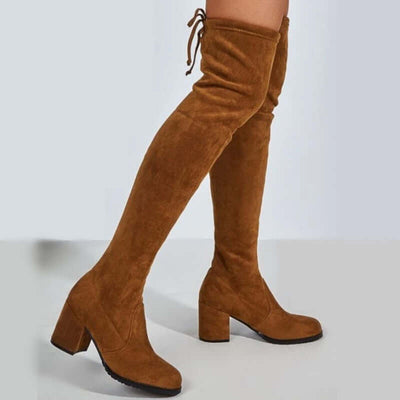 Mid-high chunky heel brown stretch boots, solid suede design, stylish high cylinder footwear