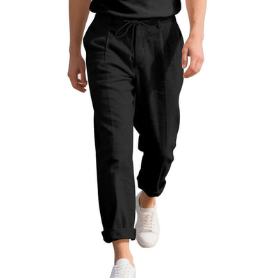 Men's black linen casual pants with drawstring, perfect for summer leisure, available in various sizes and colors.