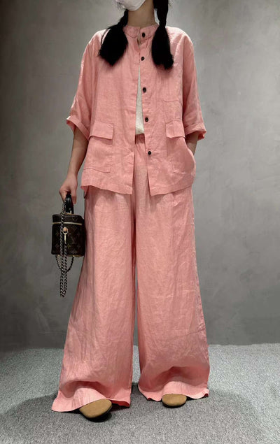 Solid Color Linen Suit Half Sleeve Shirt Casual Pants eprolo