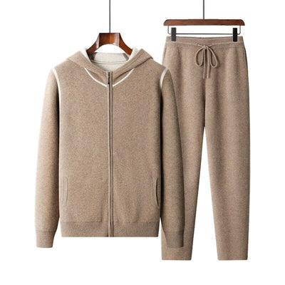 Men's thick hooded casual tapered suit in camel color with long sleeves and trousers.