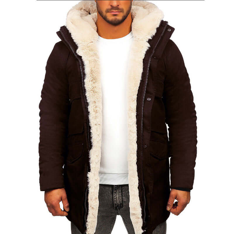 Men's thick warm hooded jacket with faux fur lining, available in black and brown, perfect for casual winter wear.