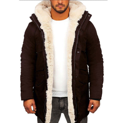 Men's thick warm hooded jacket with faux fur lining, available in black and brown, perfect for casual winter wear.