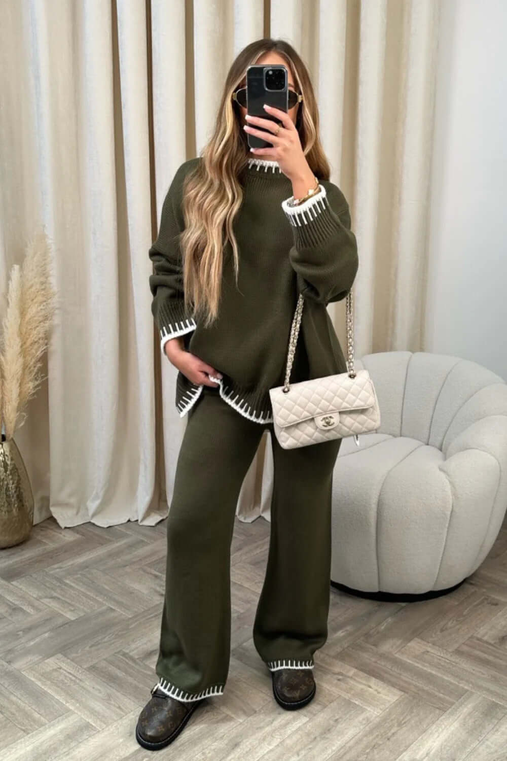 Women's Suit Fashion Pullover Split Long-sleeved Top And Loose Straight Pants Solid Color Two-piece Set eprolo