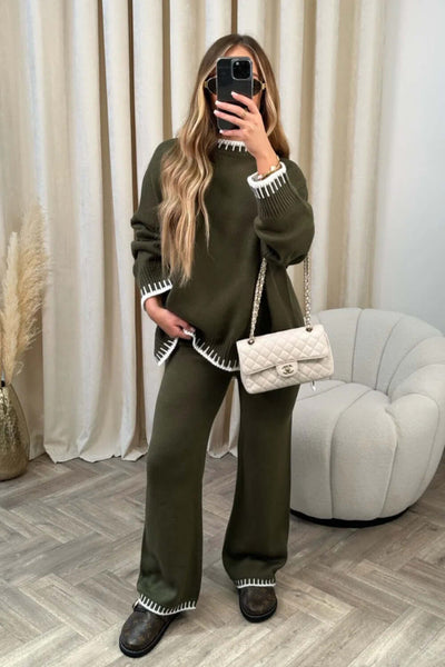 Women's Suit Fashion Pullover Split Long-sleeved Top And Loose Straight Pants Solid Color Two-piece Set eprolo