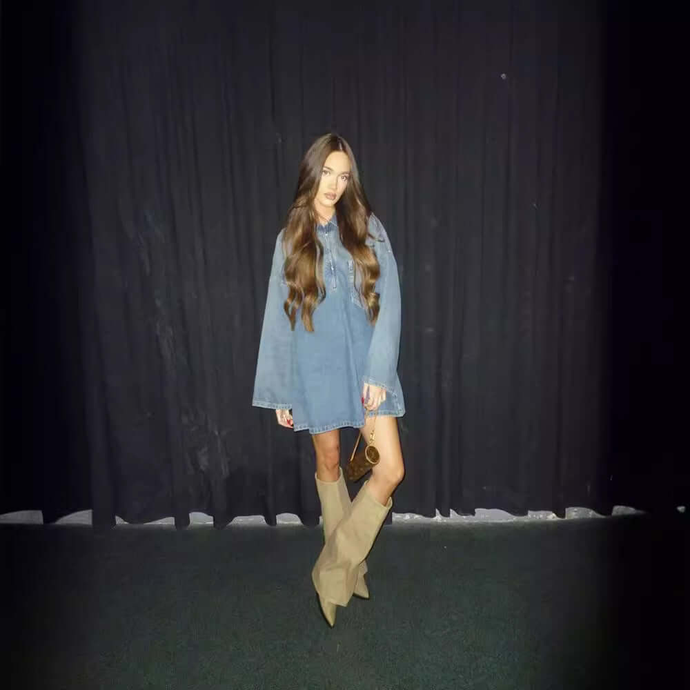 Lapel Patch Pocket Bell Sleeve Denim Dress eprolo