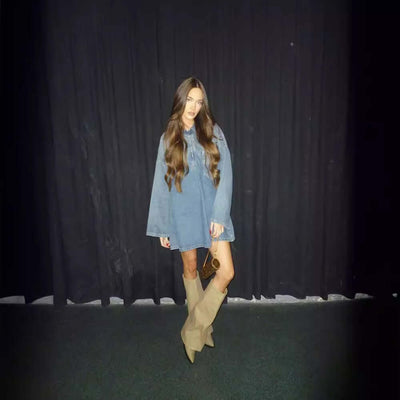 Lapel Patch Pocket Bell Sleeve Denim Dress eprolo