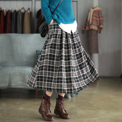 Ancient Coffee Clothing Artistic Brushed Plaid Skirt Retro Loose A- Line eprolo