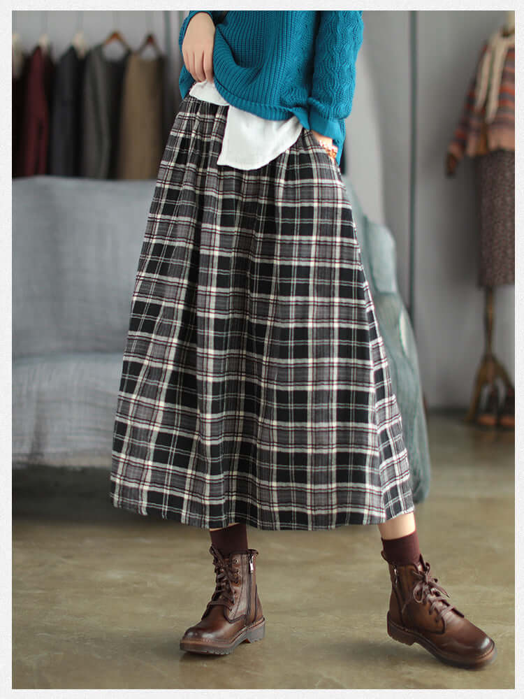 Ancient Coffee Clothing Artistic Brushed Plaid Skirt Retro Loose A- Line eprolo