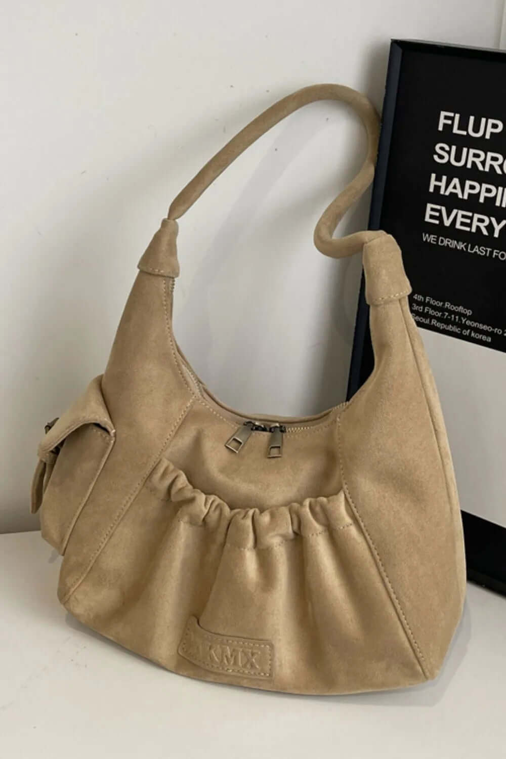 Ruched Suede Handbag with Zipper eprolo