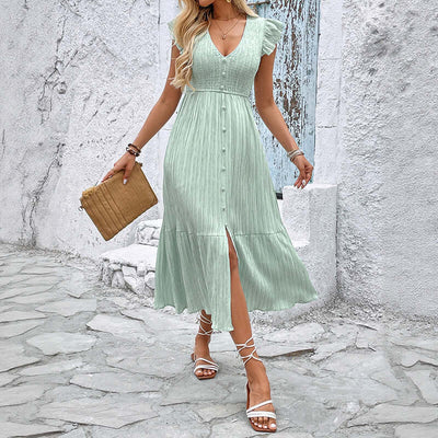 New V-neck slit fresh light green textured dress for women eprolo