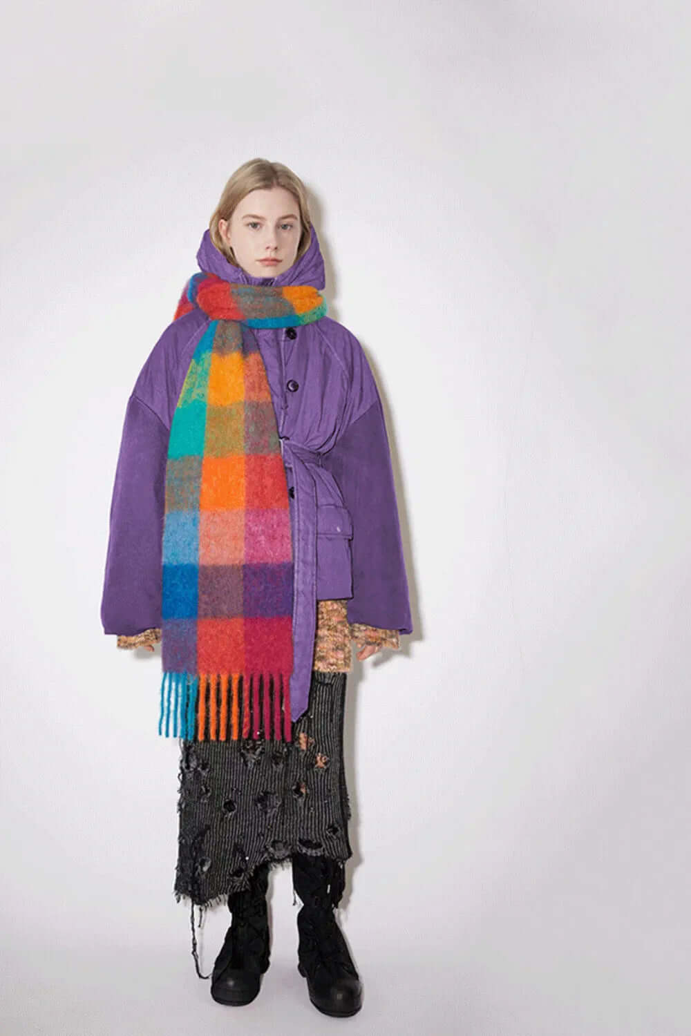 Thermal Fringe Contrast Plaid Scarf eprolo