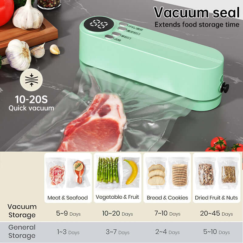 Beige cordless 3 - in - 1 food sealer. For dry/moist food, 4 bags. Seals chip bags, inflates items. eprolo