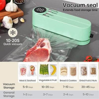 Beige cordless 3 - in - 1 food sealer. For dry/moist food, 4 bags. Seals chip bags, inflates items. eprolo