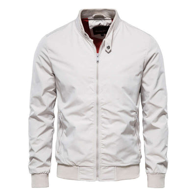 Casual Korean style men's slim-fit jacket in light beige with zipper and ribbed collar.