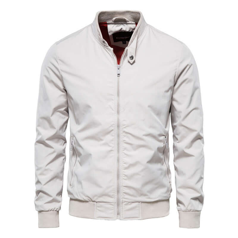 Stylish casual Korean men's jacket in beige, featuring a slim fit and zip closure, suitable for leisure wear.