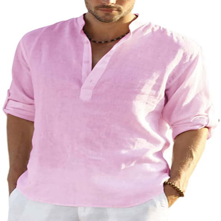 Men's Casual Cotton Linen Solid Color Long Sleeve Shirt Loose Stand Collar Astrazona