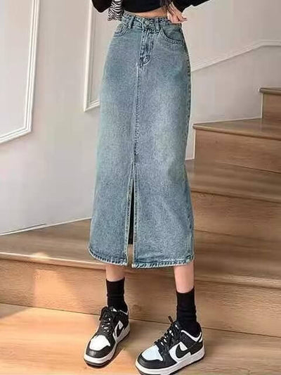 High Waist Slit Denim Skirt For Women A-line Slimming Hip-covering Design Mid-length Skirt eprolo