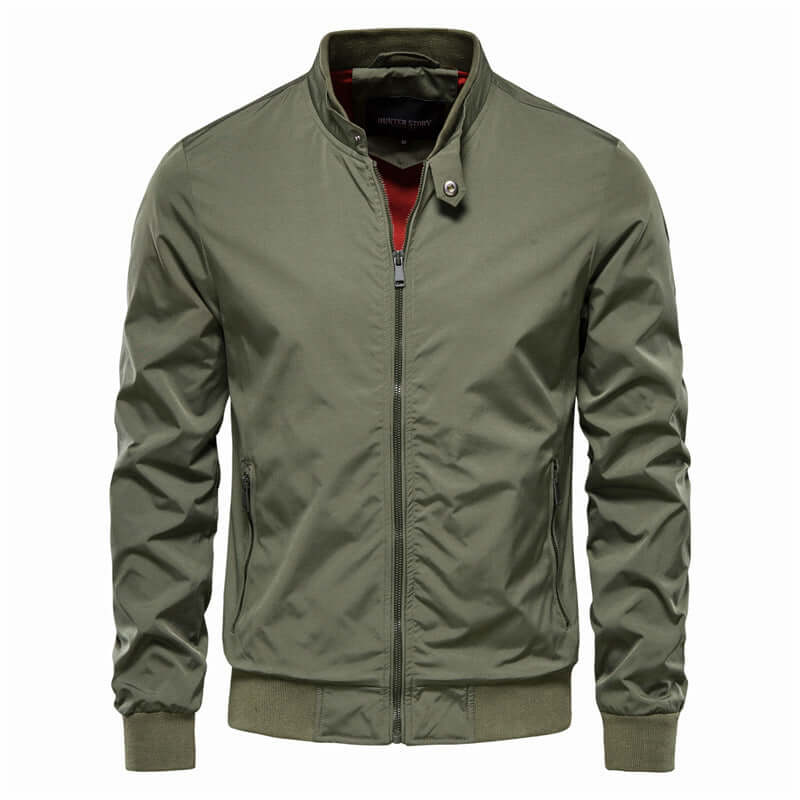 Casual green Korean-style jacket for men, featuring a zip closure and comfortable fit.