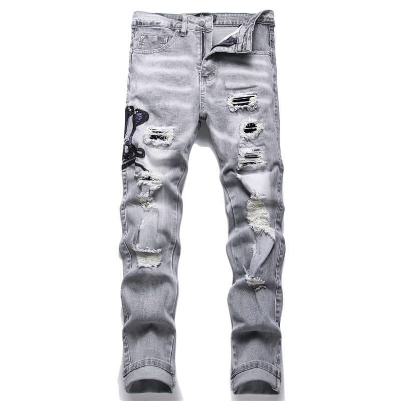 Fashion gray skinny jeans with hole patch and embroidery, mid-waist, micro-elastic, suitable for men and teenagers.