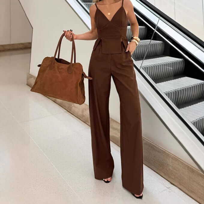 Brown Sleeveless V-neck Brace Split Vest Trousers Suit eprolo