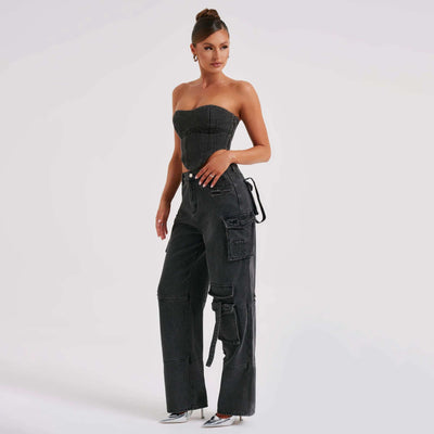 Women's low waist denim set with tube top and stitched pockets