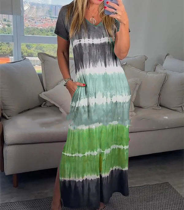 Summer V-neck Striped Printed Short Sleeve Plus Size Loose Dress eprolo