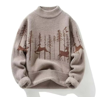 Autumn winter half turtleneck sweater in khaki with deer and trees pattern, slim fit, thick pullover for men.