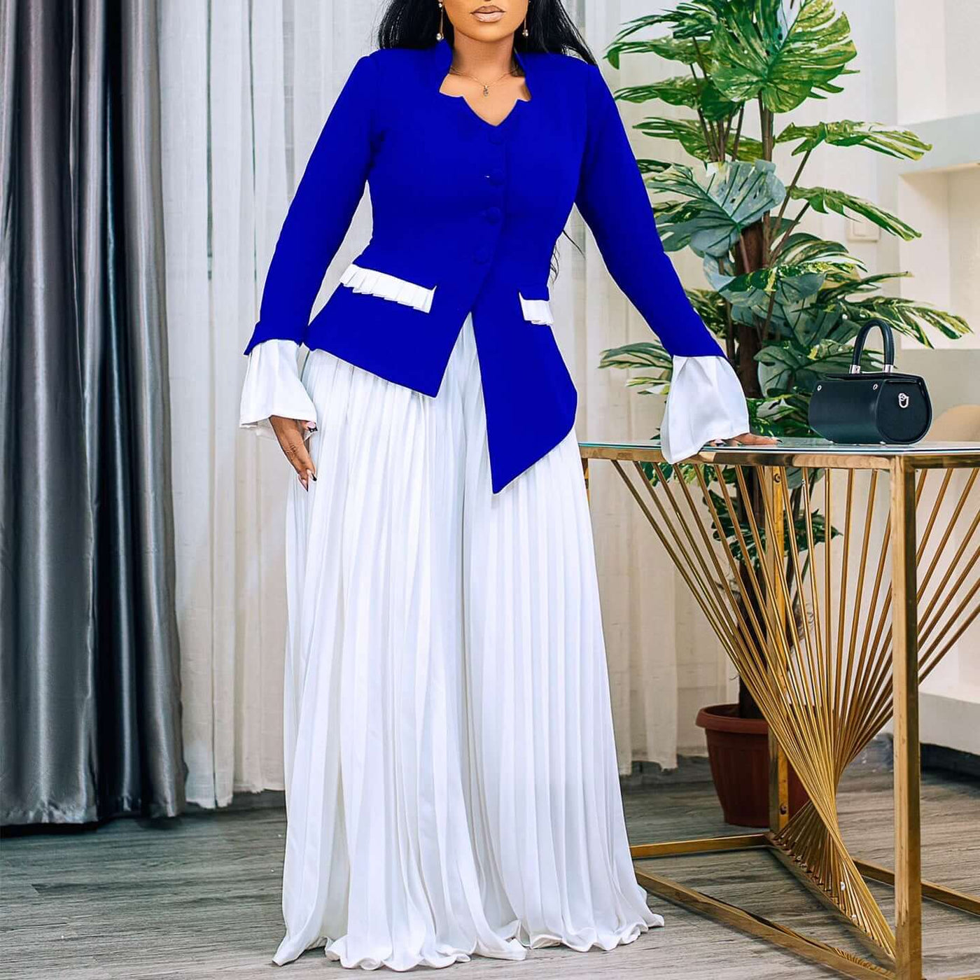 Fashion Flared Sleeves Top Pleated Wide-leg Pants Suit Two-piece Set Dropshipman