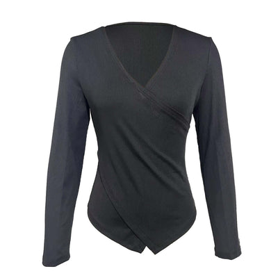 Ladies' Fashionable Solid Color Premium Cross V-neck Sexy Elegant Long Sleeved T-shirt Top eprolo