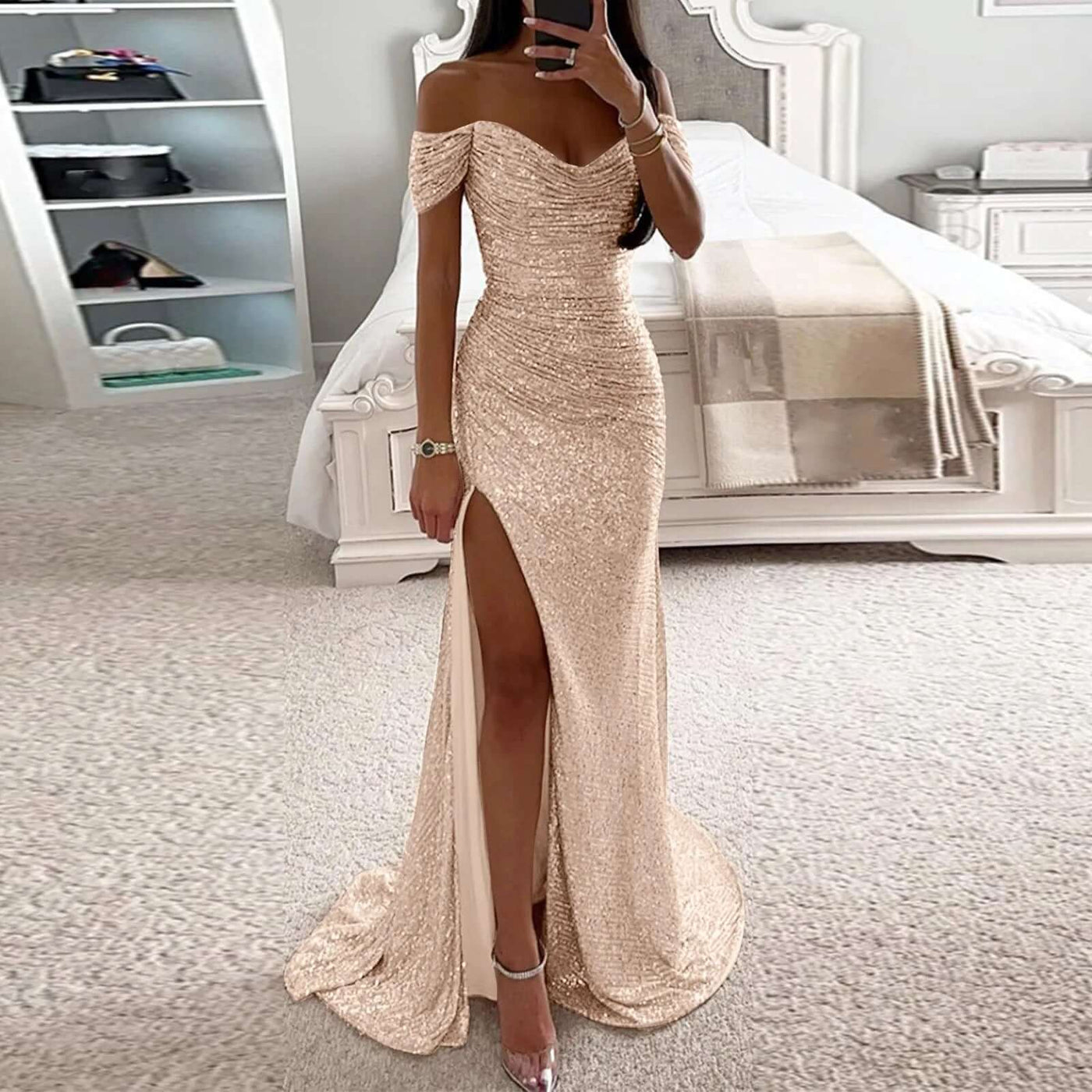 Female Creative Solid Color Sparkling Slit Dress Dropshipman