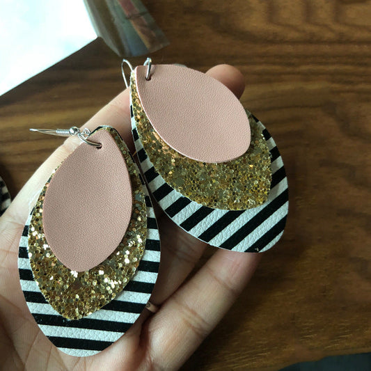 Striped Earrings Multilayer Christmas Petal Earrings Leather Drop Gold Earrings eprolo