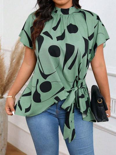 Plus-size Irregular Print Blouse For Women - Elegant Short-sleeve Work Top For Summer eprolo