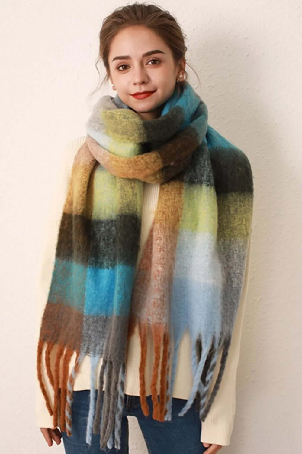 Thermal Fringe Contrast Plaid Scarf eprolo
