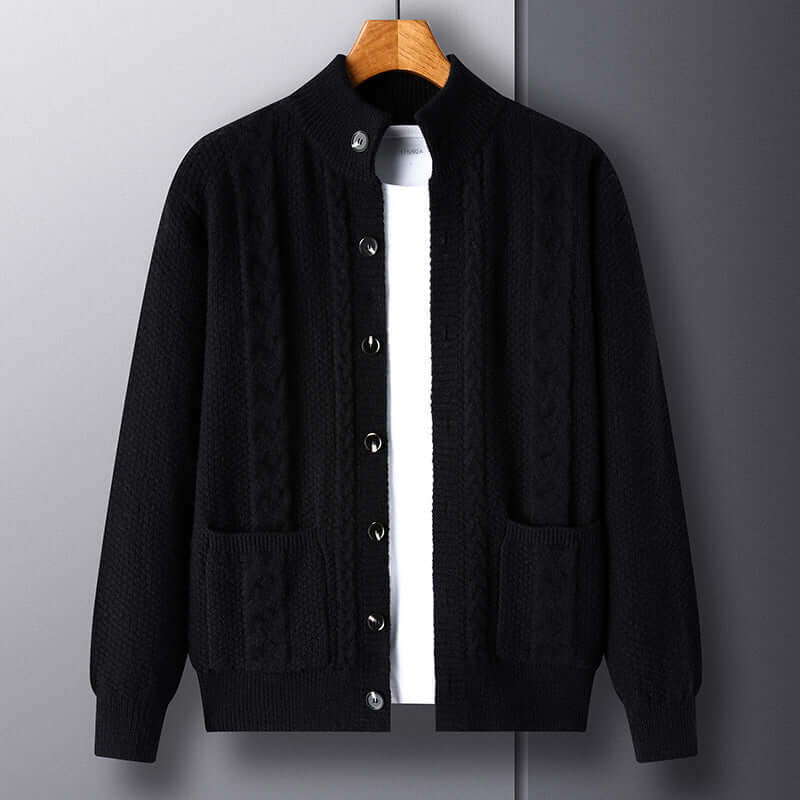 New black single-breasted cardigan with pockets, stylish loose-fitting design for men, suitable for youth and comfortable wear.