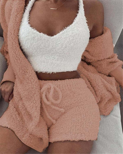 3pcs Womens Clothing Long Sleeve Crop Tank Top And Drawstring Shorts Pajama Set eprolo