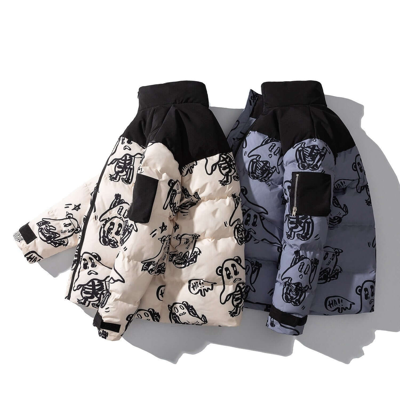 Korean style winter men’s loose bread jacket with unique cartoon print and hooded design in beige and blue colors.