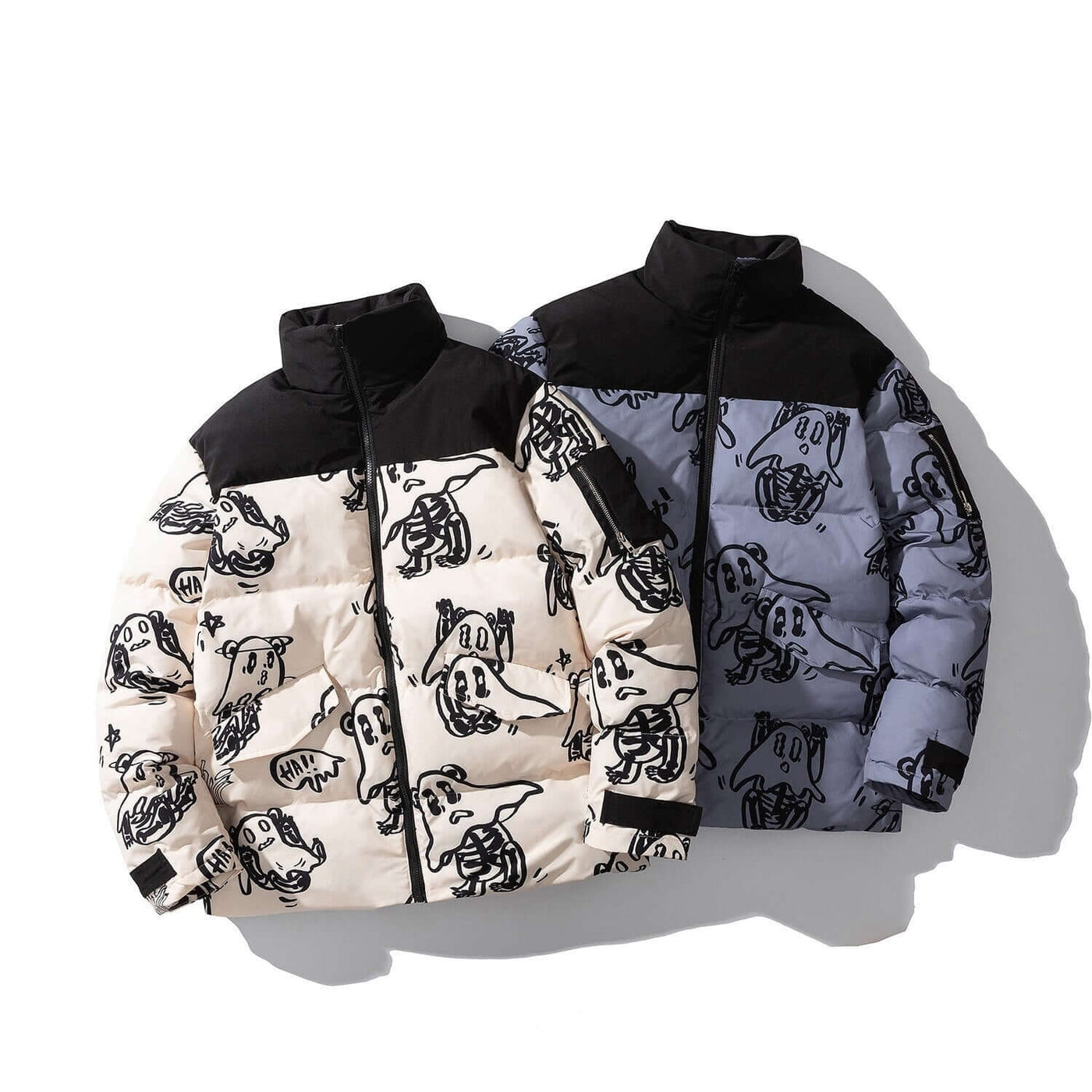 Korean style loose winter puffer jackets featuring fun ghost prints, available in cream and blue, ideal for teenagers.