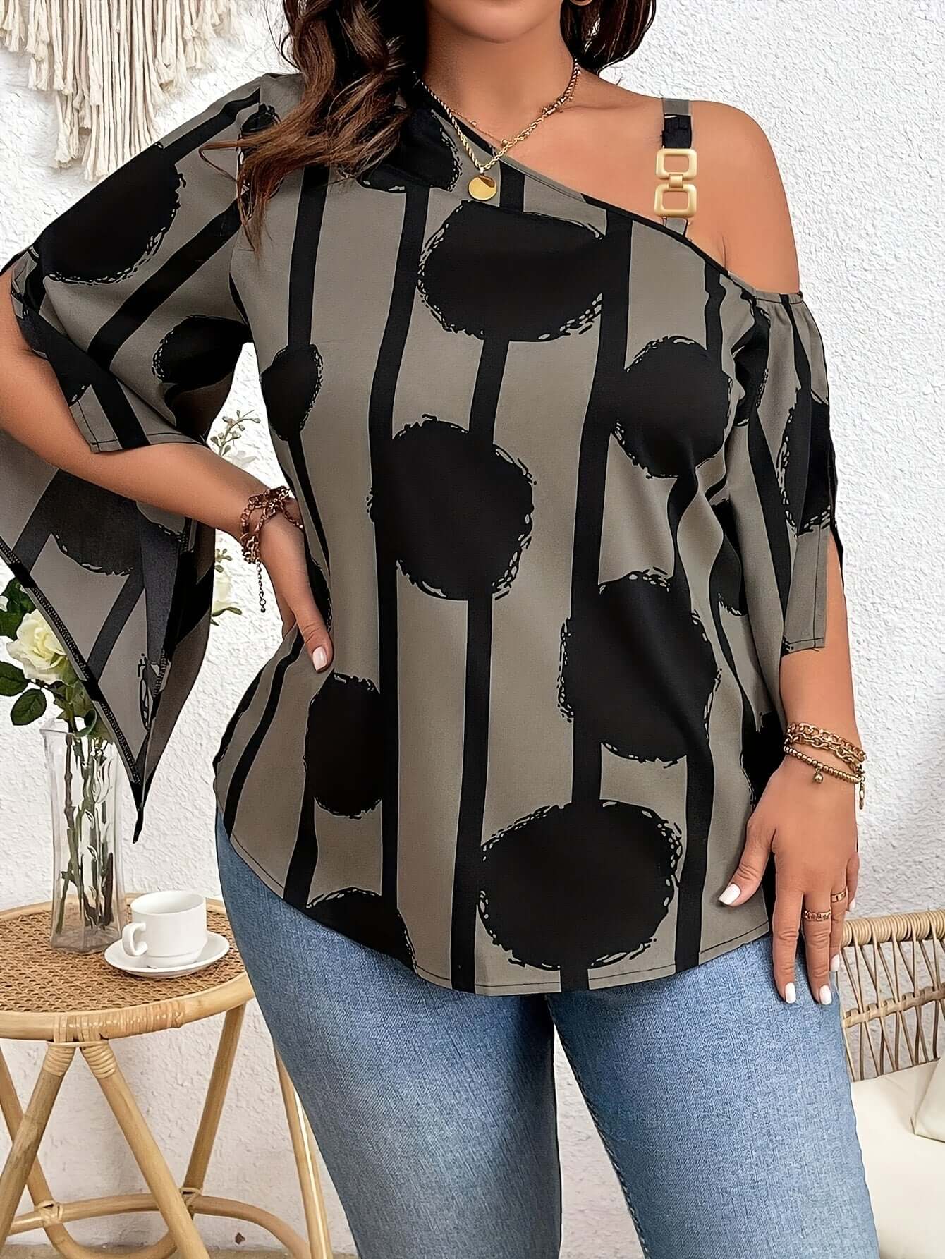 Women's Plus Size Printed Fashion Off-the-Shoulder Charming Chain Three-quarter Sleeve Blouse - Casual Top eprolo
